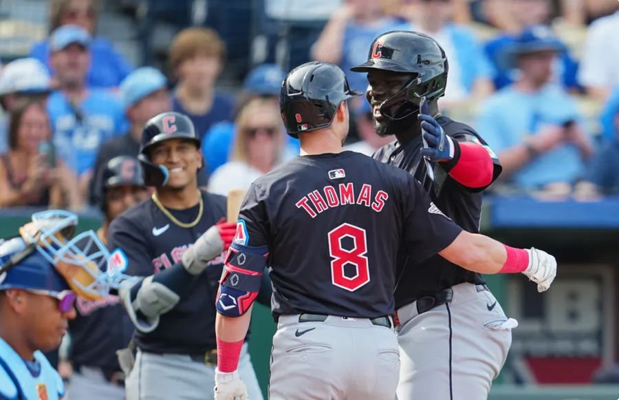 Sep 2, 2024; Kansas City, Missouri, USA; Cleveland Guardians center fielder Lane Thomas (8) is congratulated by right fielder Jhonkensy Noel (43) and shortstop Brayan Rocchio (4) after hitting a home run during the fifth inning against the Kansas City Royals at Kauffman Stadium. Mandatory Credit: Jay Biggerstaff-USA TODAY Sports