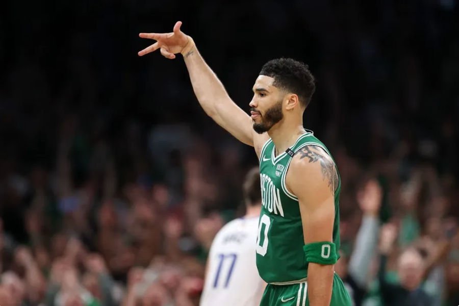 Jun 17, 2024; Boston, Massachusetts, USA; Boston Celtics forward Jayson Tatum (0) reacts after a play against the Dallas Mavericks during the second quarter in game five of the 2024 NBA Finals at TD Garden. Mandatory Credit: Peter Casey-USA TODAY Sports