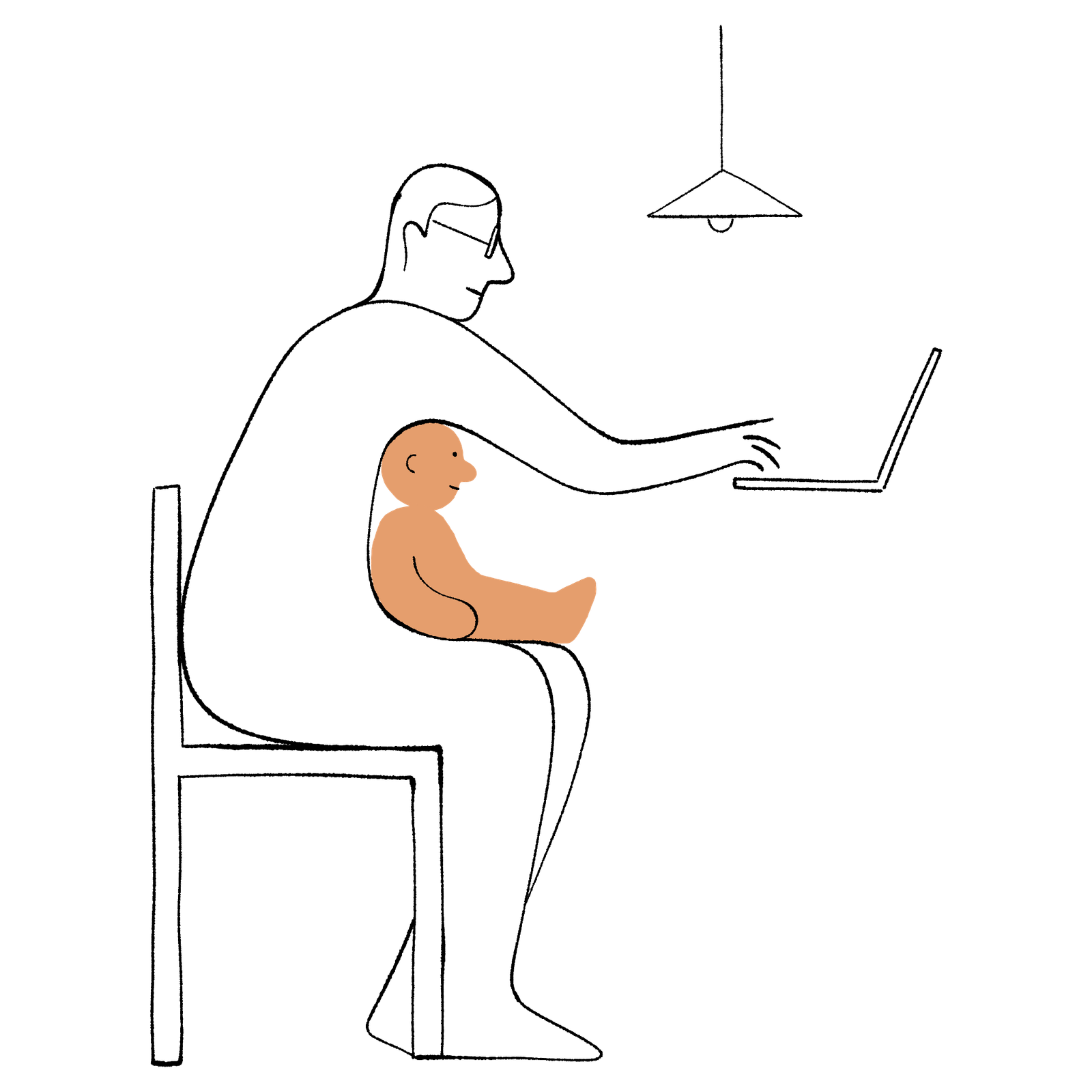 An illustration of a parent and child, seen in profile. The child, colored in, is sitting on the lap of the parent, who is sitting on a chair and typing on a laptop in front of them. An overheard lamp is seen above the laptop.