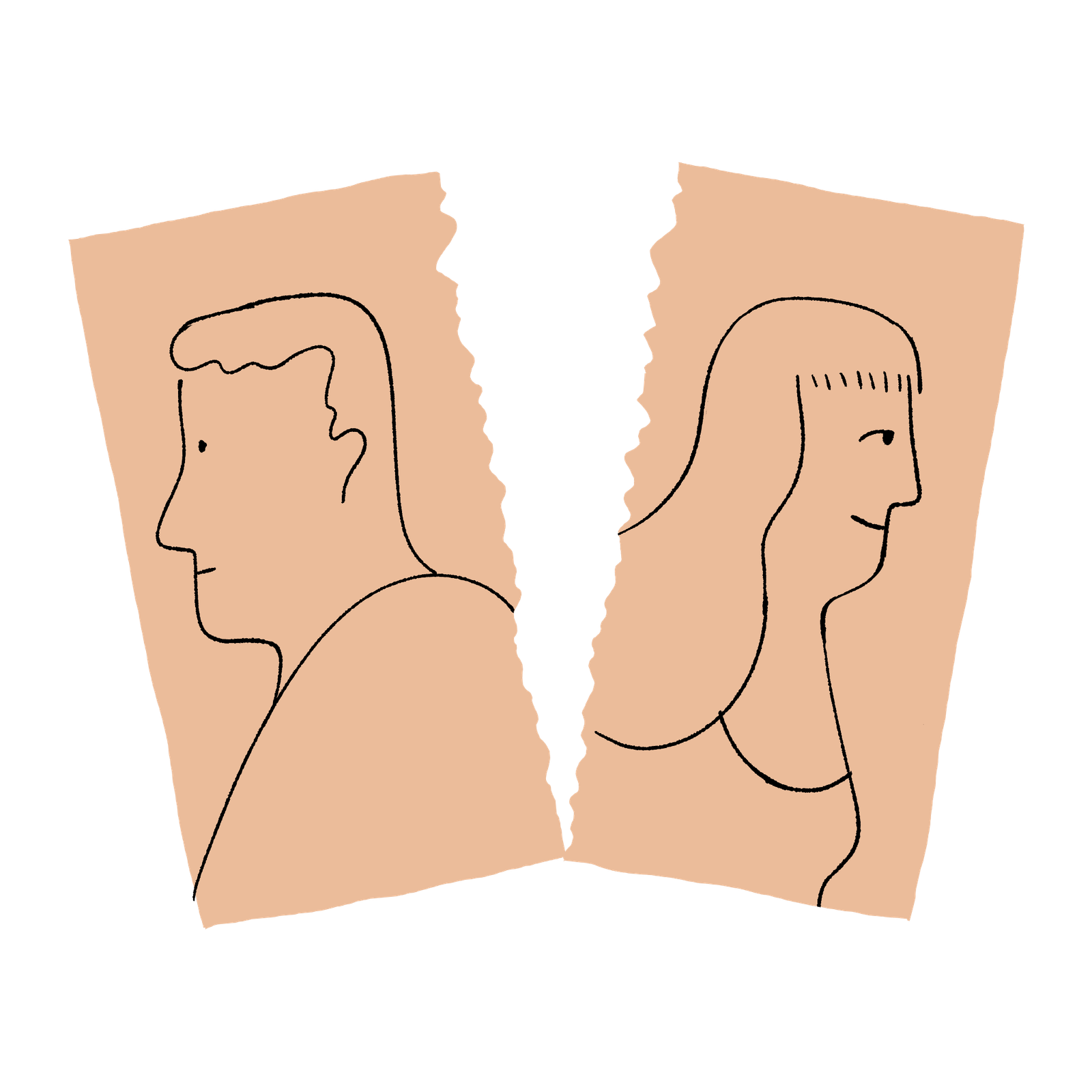 A colored-in illustration of a picture of a couple, seen in profile, face away from each other. The picture is torn down the middle.
