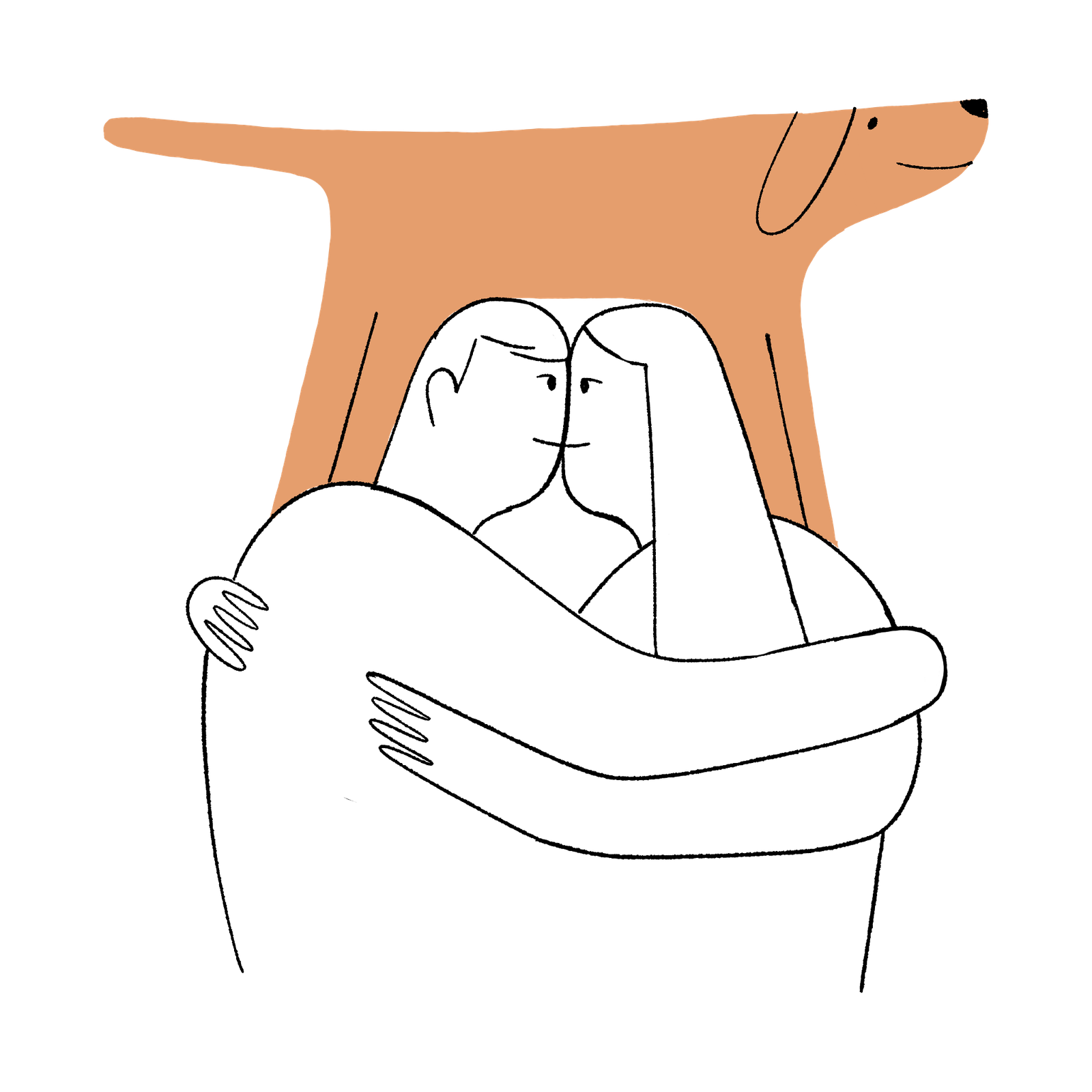 An illustration of a couple, seen in profile with the front of their faces pressed together, look at each other and hug each other. A colored-in illustration of a dog with floppy ears and a long tail, also seen in profile, stands on their shoulders.