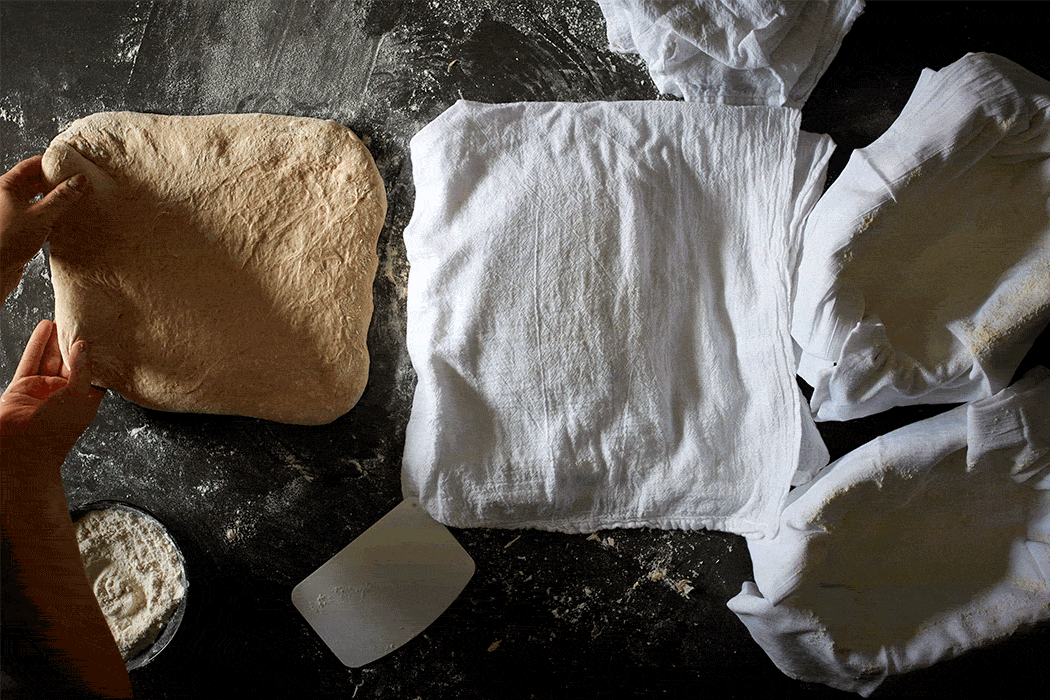 A step by step image of dough being rolled into a loaf.