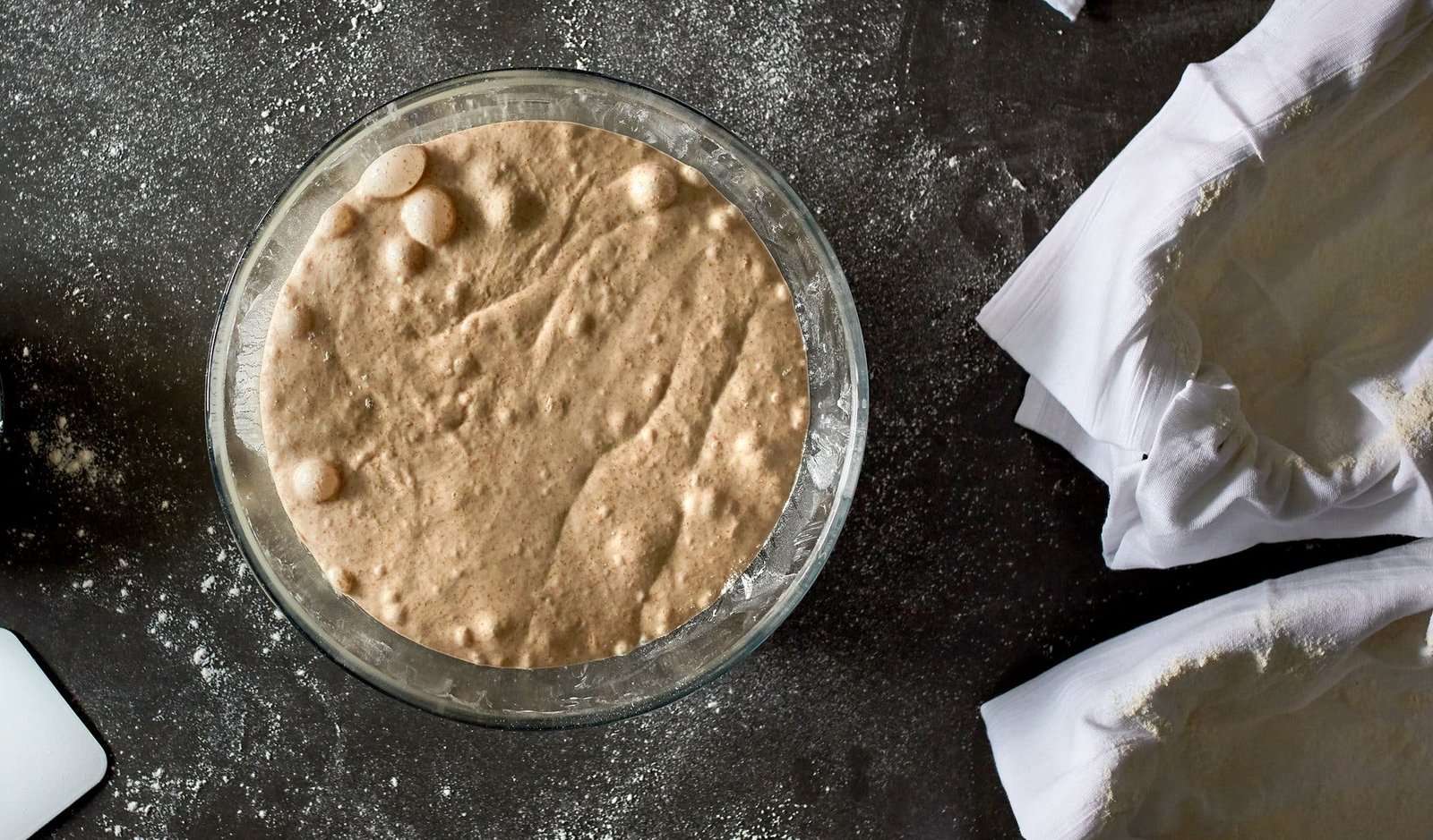 An overhead image of bubbling sourdough bread dough.