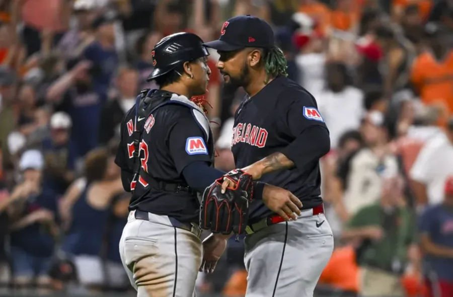Jun 25, 2024; Baltimore, Maryland, USA; Cleveland Guardians pitcher Emmanuel Clase (48) celebrates with Cleveland Guardians catcher Bo Naylor (23) after the game against the Baltimore Orioles at Oriole Park at Camden Yards. Mandatory Credit: Tommy Gilligan-USA TODAY Sports