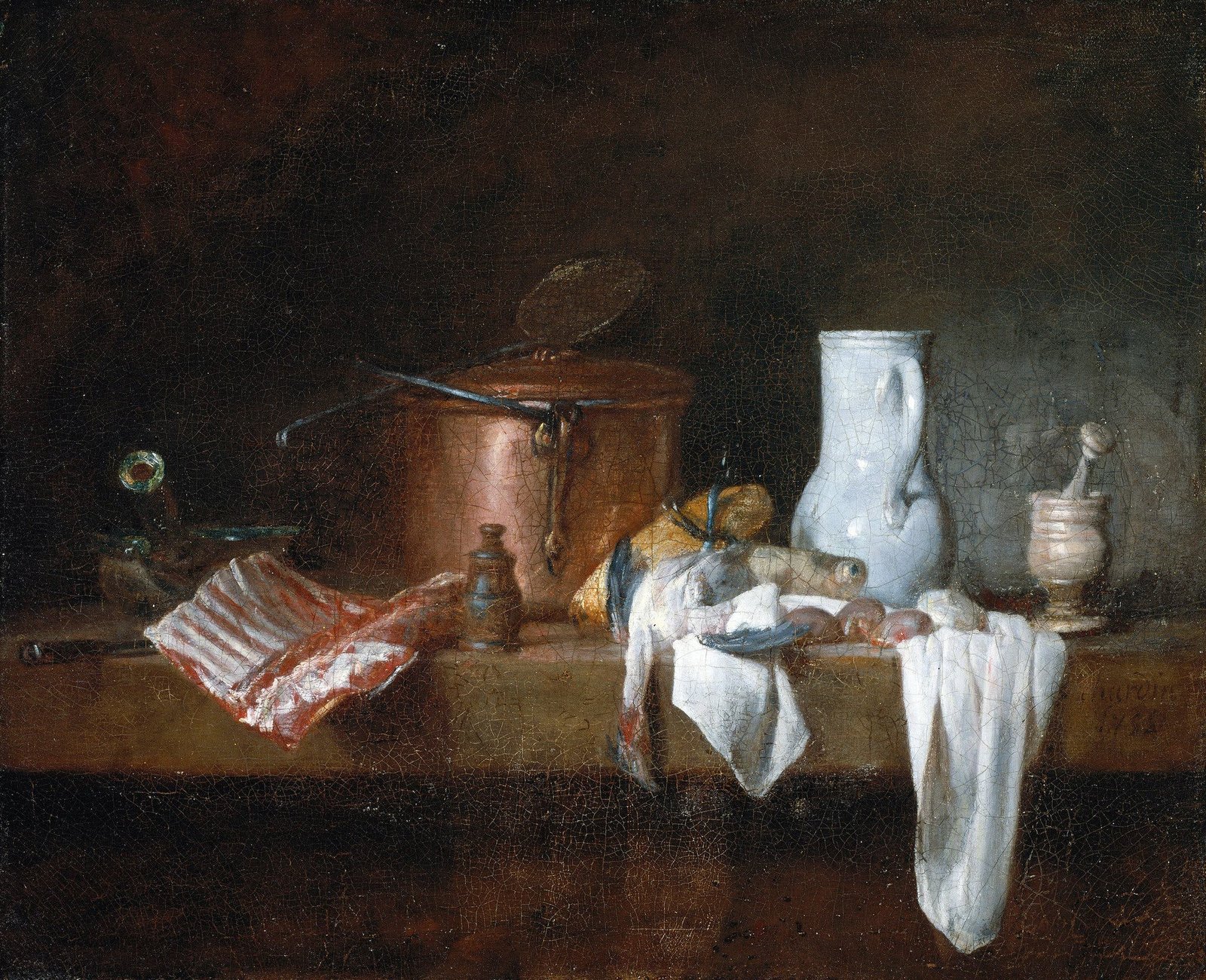 A still life of a kitchen scene with meat, a pot and a large napkin.