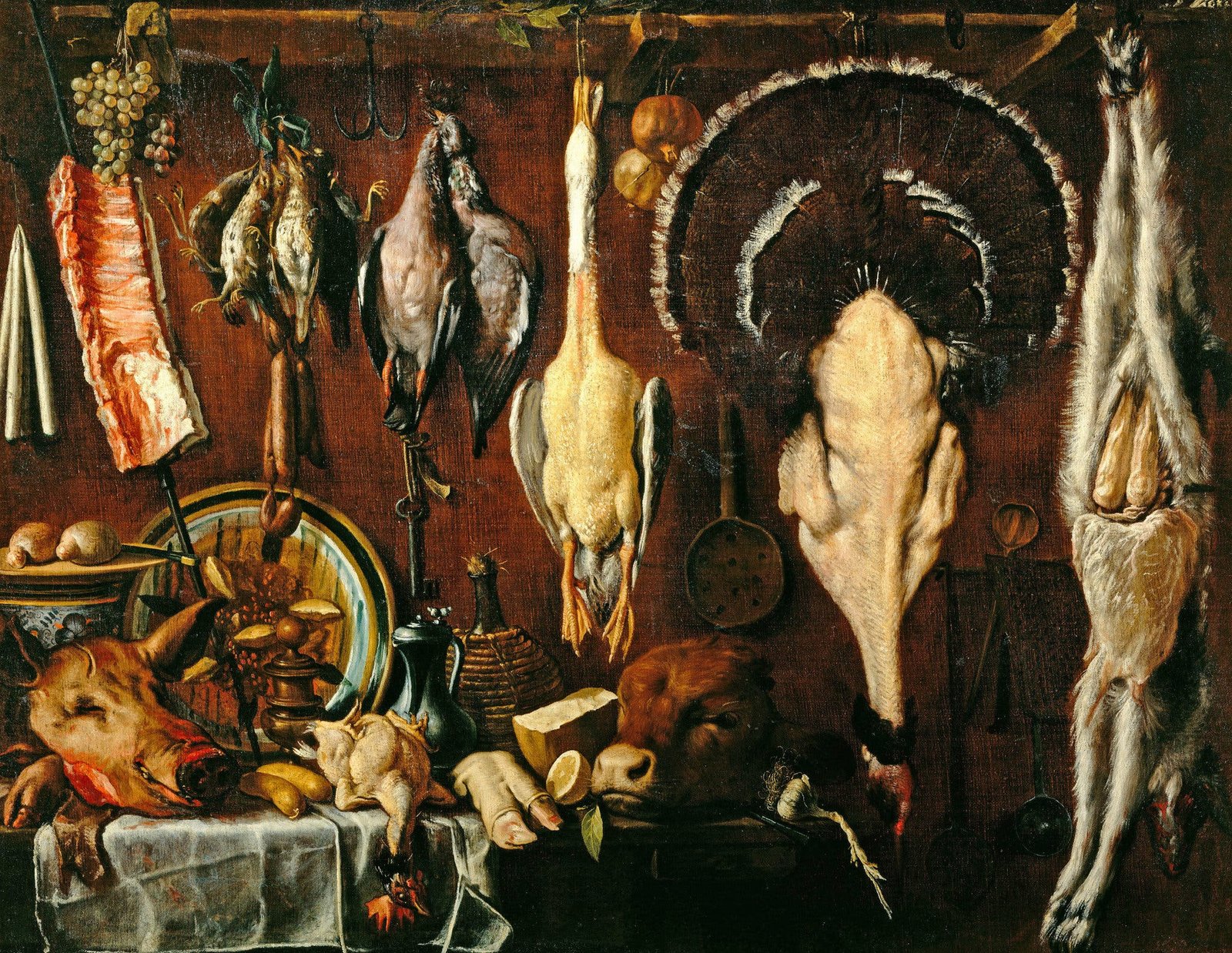 A painting of dead, plucked birds hanging in a storage room.