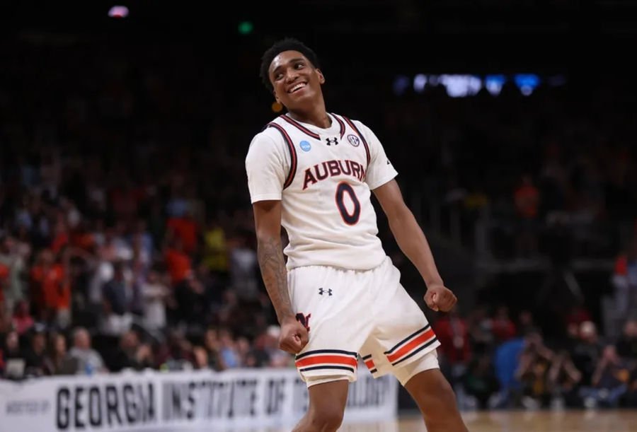 Mar 28, 2025; Atlanta, GA, USA; Auburn Tigers guard Tahaad Pettiford (0) celebrates after a basket in the second half of a South Regional semifinal of the 2025 NCAA tournament against the Michigan Wolverines at State Farm Arena. Mandatory Credit: Brett Davis-Imagn Images
