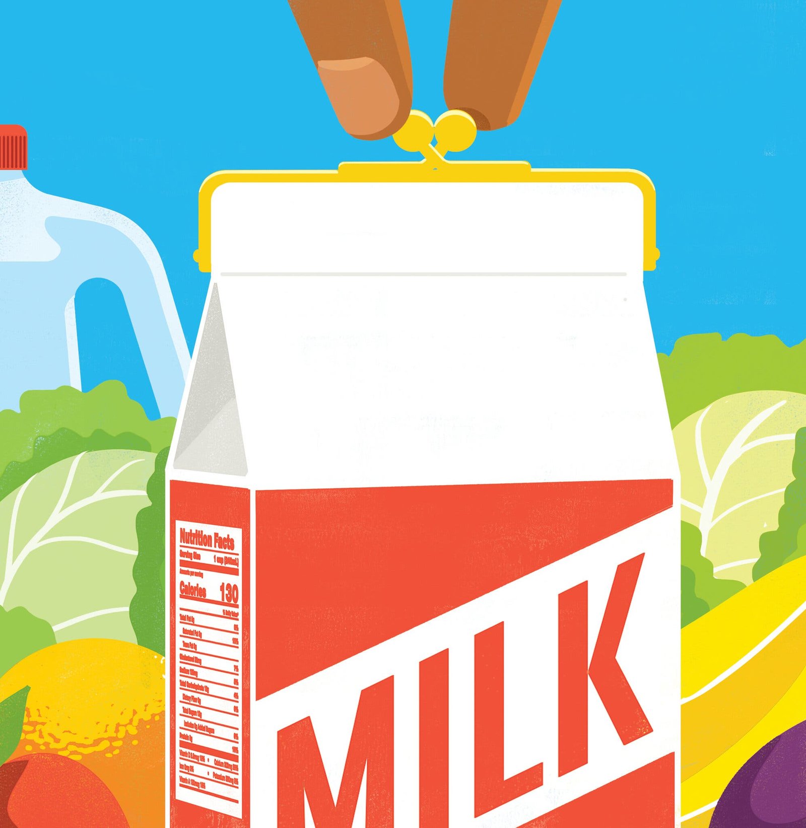 Two fingers move to open a change purse that looks like a milk carton.