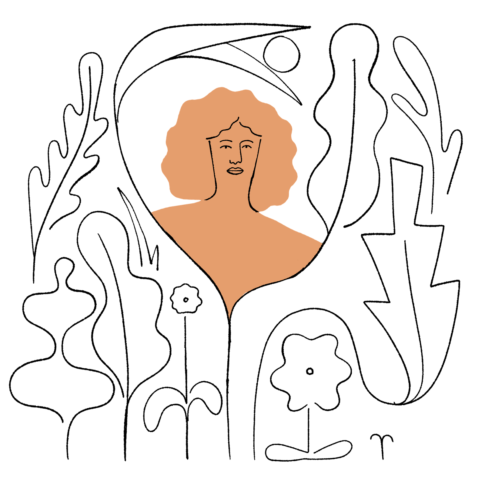 An abstract illustration of a person, colored in and with hair above the shoulders, surrounded by plants.