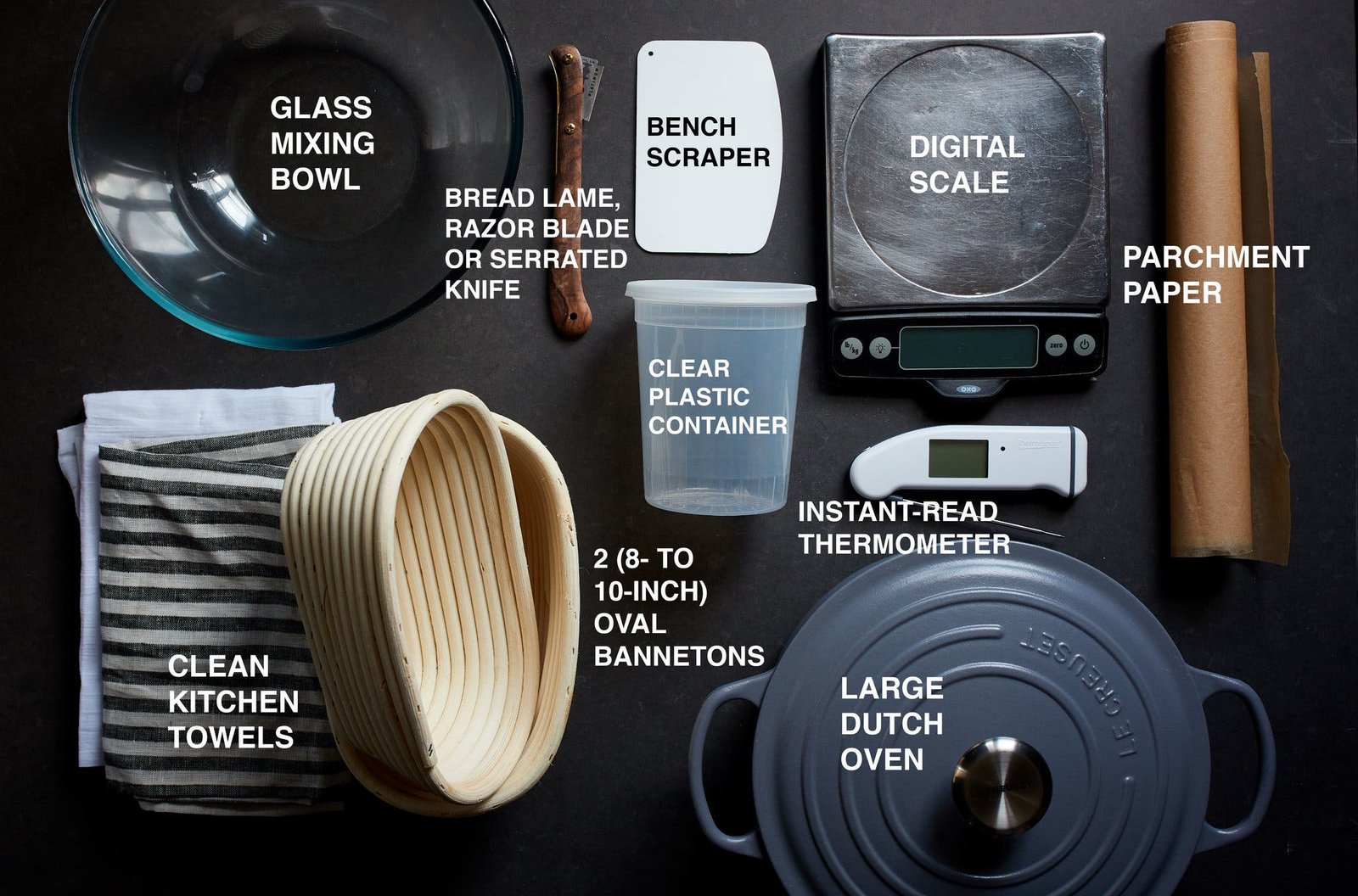An overhead image with labels of all the items you need for making sourdough bread.