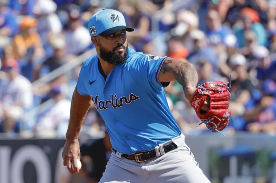 Feb 23, 2025; Port St. Lucie, Florida, USA; Miami Marlins pitcher Sandy Alcantara (22) throws during the first inning against the New York Mets at Clover Park. Mandatory Credit: Reinhold Matay-Imagn Images