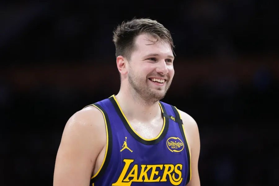 Mar 17, 2025; Los Angeles, California, USA; Los Angeles Lakers guard Luka Doncic (77) reacts against the San Antonio Spurs in the first half at Crypto.com Arena. Mandatory Credit: Kirby Lee-Imagn Images