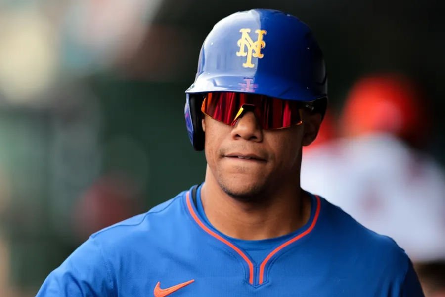 Feb 24, 2025; Jupiter, Florida, USA; New York Mets right fielder Juan Soto (22) looks on against the St. Louis Cardinals during the first inning at Roger Dean Chevrolet Stadium. Mandatory Credit: Sam Navarro-Imagn Images