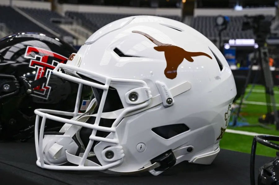 Jul 12, 2023; Arlington, TX, USA; A view of the Texas Longhorns helmet and logo during Big 12 football media day at AT&T Stadium. Mandatory Credit: Jerome Miron-Imagn Images