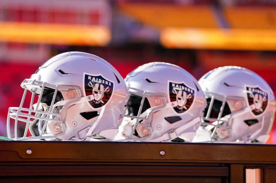 Nov 29, 2024; Kansas City, Missouri, USA; A general view of Las Vegas Raiders helmets against the Kansas City Chiefs prior to a game at GEHA Field at Arrowhead Stadium. Mandatory Credit: Denny Medley-Imagn Images