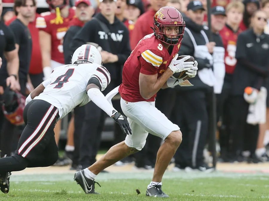 Iowa State Cyclones wide receiver Jayden Higgins (9) makes a catch around Texas Tech Red Raiders' defensive back Maurion Horn (4) during the second quarter in the week-10 NCAA football at Jack Trice Stadium on Saturday, Nov. 2, 2024, in Ames, Iowa. PHOTO USA TODAY SPORTS IMAGES