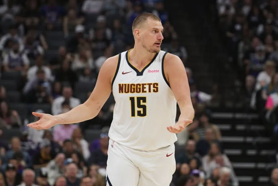 Apr 9, 2025; Sacramento, California, USA; Denver Nuggets center Nikola Jokic (15) looks for a call during the second quarter of the game against the Sacramento Kings at Golden 1 Center. Mandatory Credit: Ed Szczepanski-Imagn Images