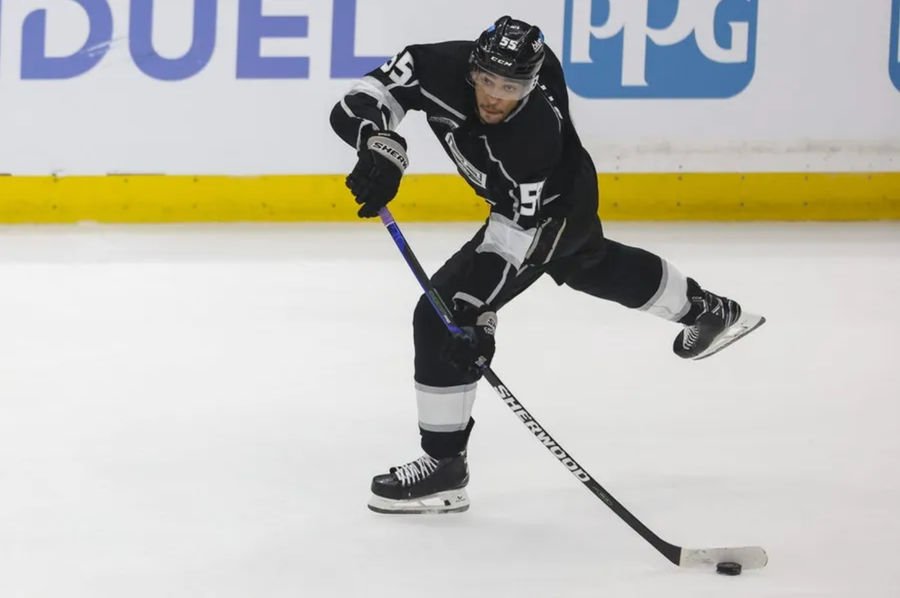 Apr 28, 2024; Los Angeles, California, USA; Los Angeles Kings center Quinton Byfield (55) takes a shot in the third period of game four of the first round of the 2024 Stanley Cup Playoffs against the Edmonton Oilers at Crypto.com Arena. Mandatory Credit: Yannick Peterhans-USA TODAY Sports