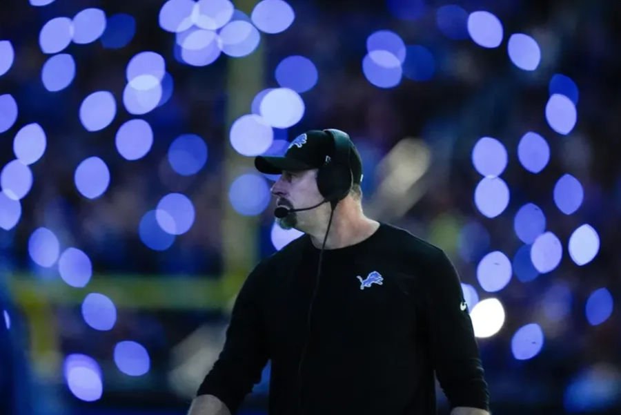 Detroit Lions head coach Dan Campbell looks on at a timeout during the second half against Buffalo Bills at Ford Field in Detroit on Sunday, Dec. 15, 2024. PHOTO USA TODAY SPORTS IMAGES
