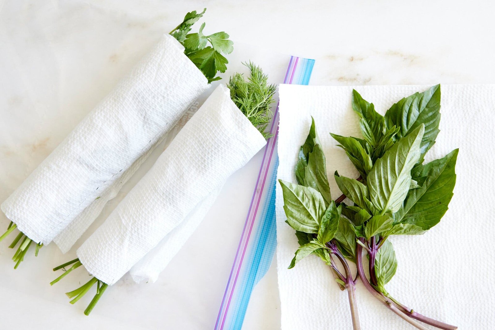 Herbs are wrapped in paper towels next to a resealable plastic bag.