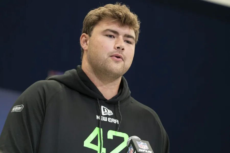 Mar 1, 2025; Indianapolis, IN, USA; Boston College offensive lineman Ozzy Trapilo (OL42) answers questions at a press conference during the 2025 NFL Combine at Indiana Convention Center. Mandatory Credit: Jacob Musselman-Imagn Images
