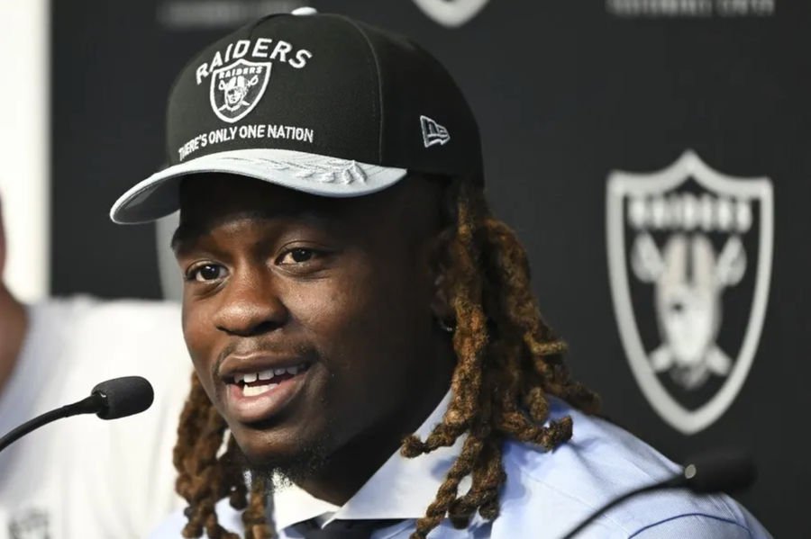 Apr 25, 2025; Henderson, NV, USA; Las Vegas Raiders first round draft pick in the 2025 NFL Draft Ashton Jeanty, speaks to the media at Intermountain Health Performance Center. Mandatory Credit: Candice Ward-Imagn Images