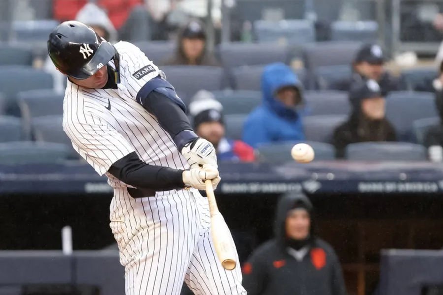 Apr 12, 2025; Bronx, New York, USA; New York Yankees first base Paul Goldschmidt (48) hits a double against the San Francisco Giants during the fifth inning at Yankee Stadium. Mandatory Credit: Tom Horak-Imagn Images