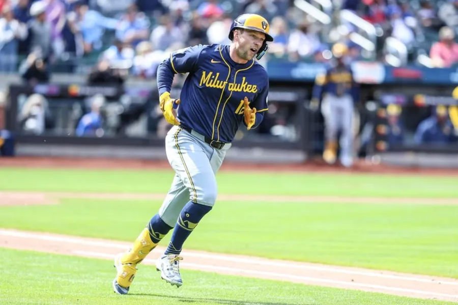 Mar 30, 2024; New York City, New York, USA; Milwaukee Brewers designated hitter Rhys Hoskins (12) reacts after hitting a two-run home run in the third inning New York Mets at Citi Field. credits: Wendell Cruz-USA TODAY Sports