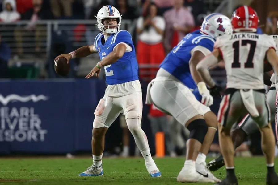 Nov 9, 2024; Oxford, Mississippi, USA; Mississippi Rebels quarterback Jaxson Dart (2) passes the ball during the second half against the Georgia Bulldogs at Vaught-Hemingway Stadium. Mandatory Credit: Petre Thomas-Imagn Images