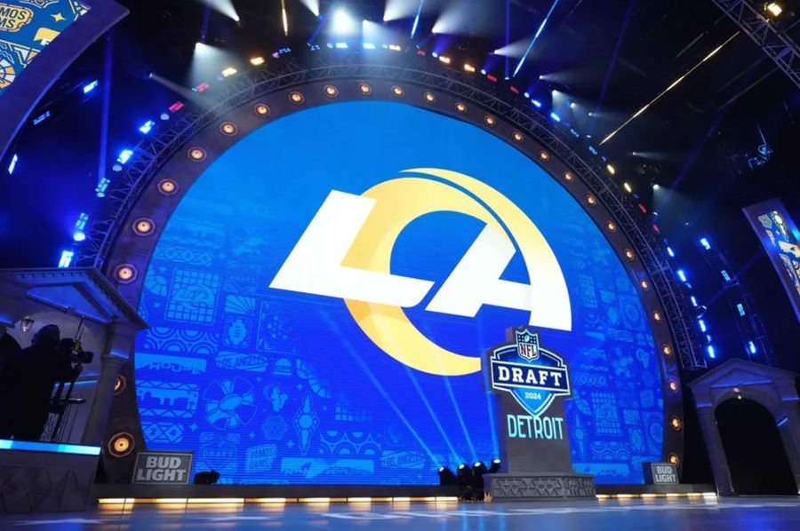 Apr 25, 2024; Detroit, MI, USA; A Los Angeles Rams logo at the 2024 NFL Draft at Campus Martius Park and Hart Plaza. Mandatory Credit: Kirby Lee-Imagn Images