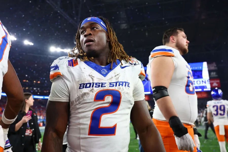 Dec 31, 2024; Glendale, AZ, USA; Boise State Broncos running back Ashton Jeanty (2) reacts after the game against the Penn State Nittany Lions in the Fiesta Bowl at State Farm Stadium. Mandatory Credit: Mark J. Rebilas-Imagn Images