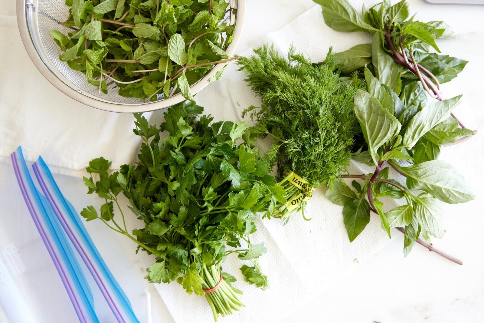 An overhead image of different herbs next to a resealable plastic bag.