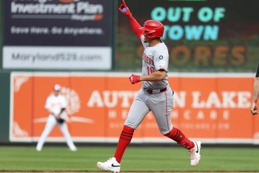 Apr 20, 2025; Baltimore, Maryland, USA; Cincinnati Reds infielder Noelvi Marte (16) celebrates after hitting a grand slam during the eighth inning against the Baltimore Orioles at Oriole Park at Camden Yards. Mandatory Credit: Daniel Kucin Jr.-Imagn Images