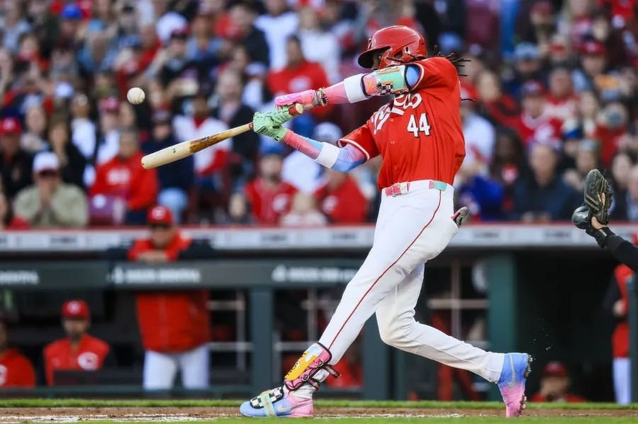 Apr 12, 2025; Cincinnati, Ohio, USA; Cincinnati Reds shortstop Elly De La Cruz (44) hits a grand slam in the third inning against the Pittsburgh Pirates at Great American Ball Park. Mandatory Credit: Katie Stratman-Imagn Images