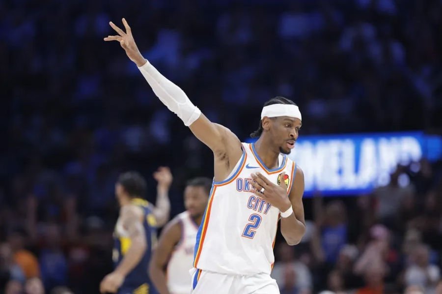 Mar 29, 2025; Oklahoma City, Oklahoma, USA; Oklahoma City Thunder guard Shai Gilgeous-Alexander (2) gestures after scoring against the Indiana Pacers during the second half at Paycom Center. Mandatory Credit: Alonzo Adams-Imagn Images