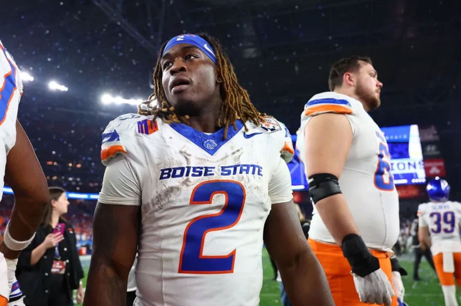 Dec 31, 2024; Glendale, AZ, USA; Boise State Broncos running back Ashton Jeanty (2) reacts after the game against the Penn State Nittany Lions in the Fiesta Bowl at State Farm Stadium. Mandatory Credit: Mark J. Rebilas-Imagn Images