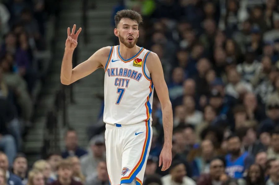 Feb 23, 2025; Minneapolis, Minnesota, USA; Oklahoma City Thunder forward Chet Holmgren (7) holds up three fingers during a free throw against the Minnesota Timberwolves in the first half at Target Center. Mandatory Credit: Jesse Johnson-Imagn Images